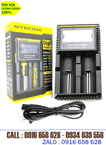 Nitecore D2; Máy sạc pin Nitecore D2, màn hình LCD, sạc được 1-2 pin NiMh-NiCd-Lithium chính hãng 